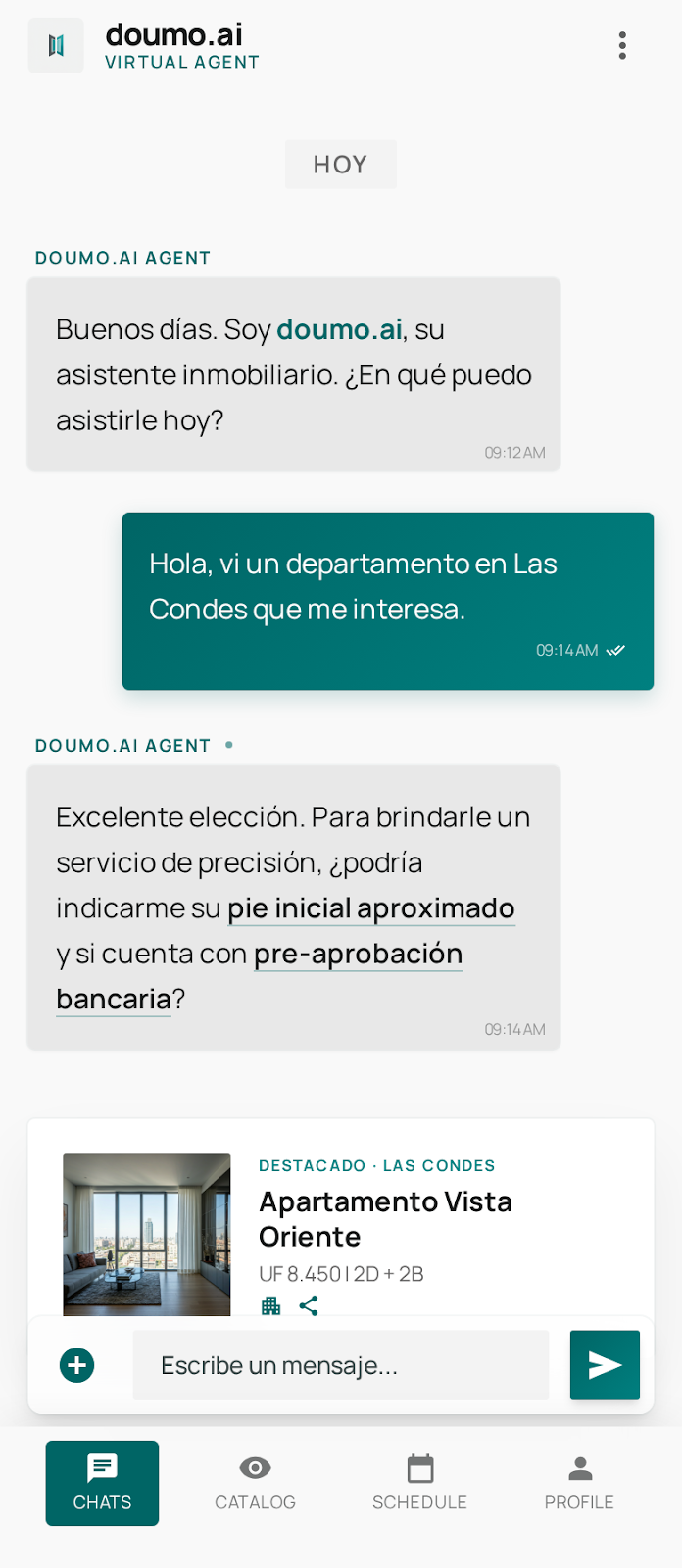 Conversación de calificación de lead en WhatsApp con doumo.