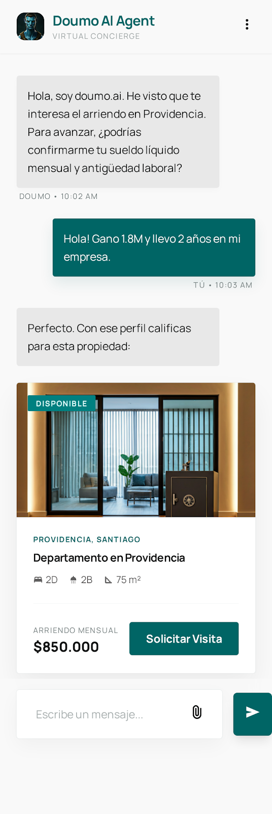 doumo calificando arrendatario y mostrando propiedad disponible